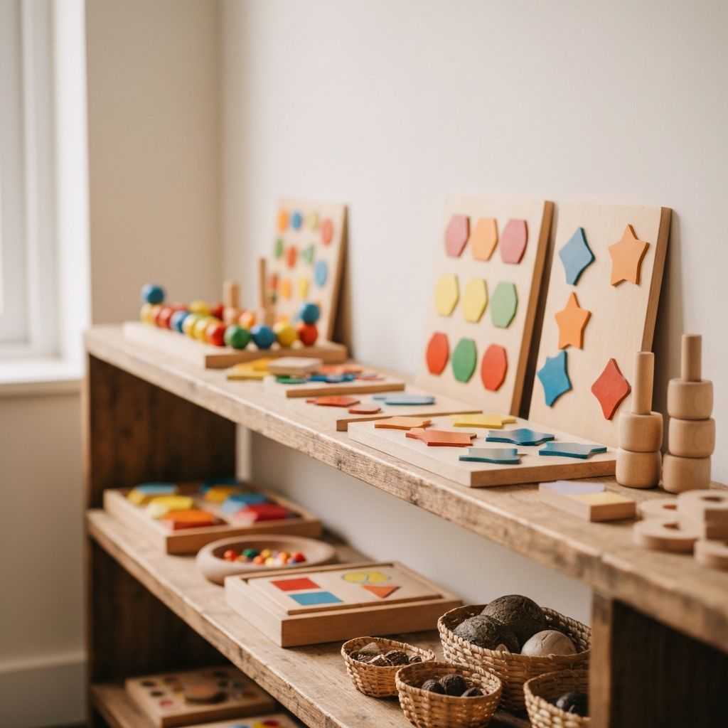 Montessori learning materials arranged on wooden shelves with natural light